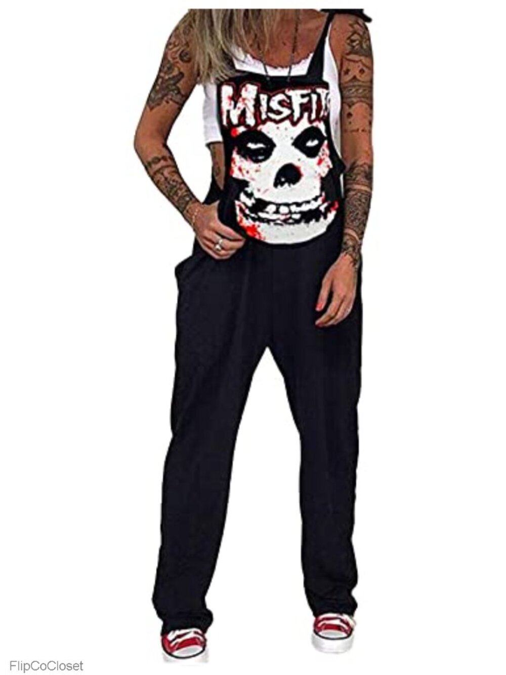 Women's Loose Skull Printed Overalls Jumpsuit with Pockets